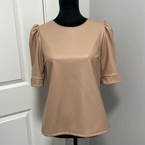 Express Women’s faux leather blouse top beige puff short sleeve size medium
